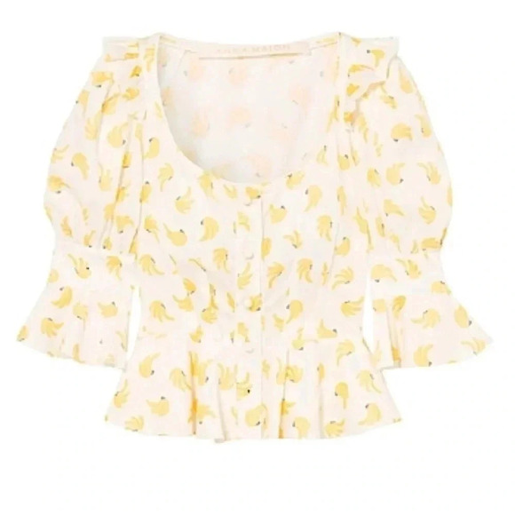 ANNA MASON Rosi Blouse White & Yellow Banana Ruffle Button Down Medium - Picture 4 of 8